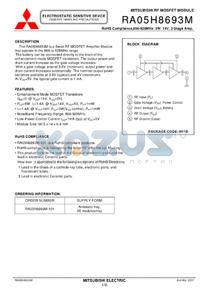 RA05H8693M-101 datasheet - RF MOSFET MODULE 866-928MHz 5W 14V, 3 Stage Amp