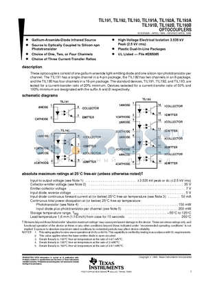 TIL192 datasheet - Optocouplers consist of one gallium-arsenide light-emitting diode and one silicon npn phototransistor per channel