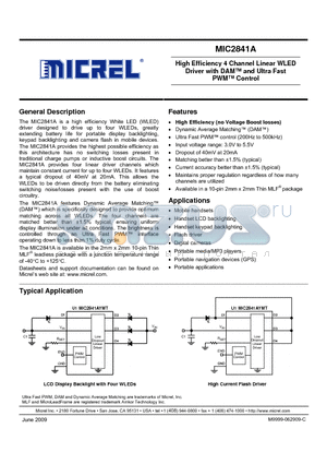 MIC2841A datasheet - High Efficiency 4 Channel Linear WLED Driver with DAM and Ultra Fast PWM Control