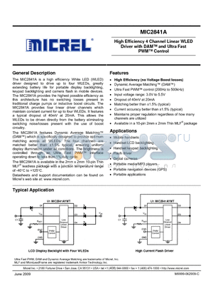 MIC2841AYMT datasheet - High Efficiency 4 Channel Linear WLED Driver with DAM and Ultra Fast PWM Control