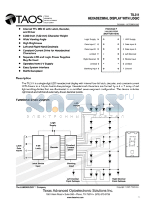 TIL311 datasheet - HEXADECIMAL DISPLAY WITH LOGIC