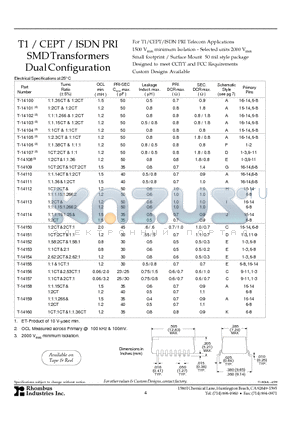 T-14102 datasheet - T1 / CEPT / ISDN PRI SMD Transformers Dual Configuration