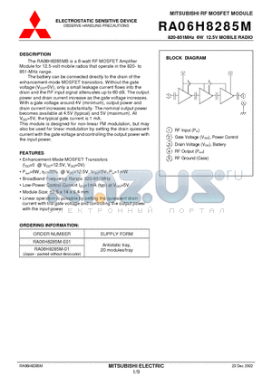 RA06H8285M-E01 datasheet - MITSUBISHI RF MOSFET MODULE