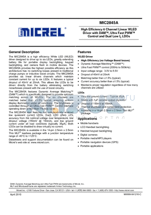 MIC2845A-PGYMT datasheet - High Efficiency 6 Channel Linear WLED Driver with DAM, Ultra Fast PWM Control and Dual Low IQ LDOs