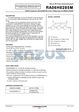 RA06H8285M datasheet - 820-851MHz 6W 12.5V, 3 Stage Amp. For MOBILE RADIO