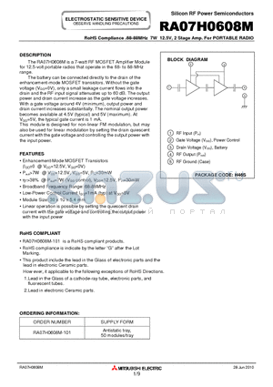 RA07H0608M_10 datasheet - 68-88MHz 7W 12.5V, 2 Stage Amp. For PORTABLE RADIO