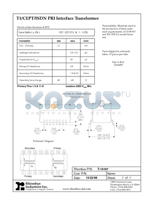 T-14107 datasheet - T1/CEPT/ISDN PRI Interface Transformer