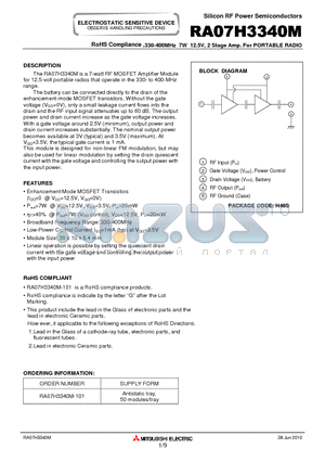 RA07H3340M datasheet - RoHS Compliance ,330-400MHz 7W 12.5V, 2 Stage Amp. For PORTABLE RADIO