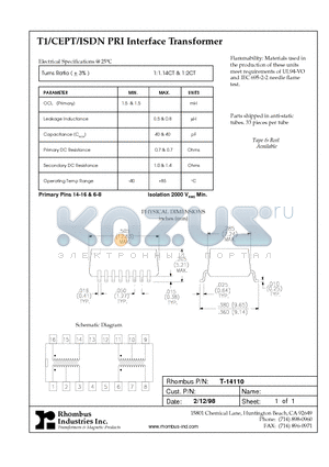 T-14110 datasheet - T1/CEPT/ISDN PRI Interface Transformer