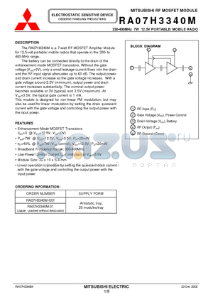 RA07H3340M-01 datasheet - MITSUBISHI RF MOSFET MODULE 330-400MHz 7W 12.5V PORTABLE/ MOBILE RADIO