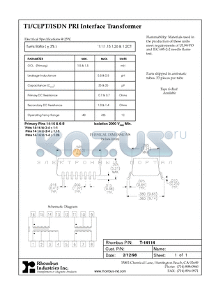 T-14114 datasheet - T1/CEPT/ISDN PRI Interface Transformer