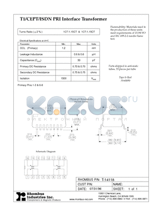 T-14118 datasheet - T1/CEPT/ISDN PRI Interface Transformer