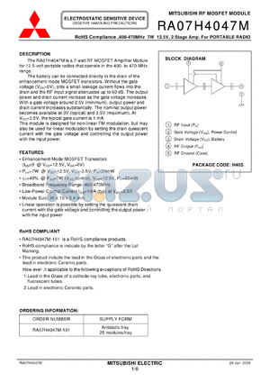 RA07H4047M-101 datasheet - RoHS Compliance ,400-470MHz 7W 12.5V, 2 Stage Amp. For PORTABLE RADIO