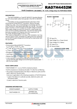 RA07H4452M datasheet - RoHS Compliance ,440-520MHz 7W 12.5V, 2 Stage Amp. For PORTABLE RADIO