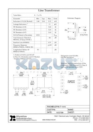 T-1416 datasheet - Line Transformer