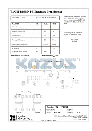 T-14169 datasheet - T1/CEPT/ISDN PRI Interface Transformer