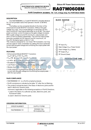 RA07M0608M-101 datasheet - 66-88MHz 7W 7.2V, 2 Stage Amp. For PORTABLE RADIO