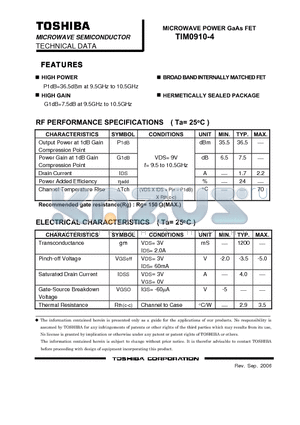 TIM0910-4 datasheet - MICROWAVE POWER GaAs FET