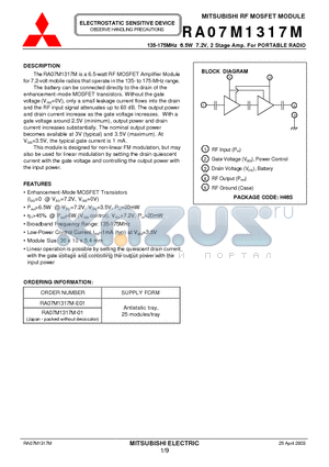 RA07M1317M-01 datasheet - 135-175MHz 6.5W 7.2V, 2 Stage Amp. For PORTABLE RADIO