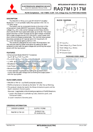 RA07M1317M-101 datasheet - RoHS Compliance , 135-175MHz 6.5W 7.2V, 2 Stage Amp. For PORTABLE RADIO