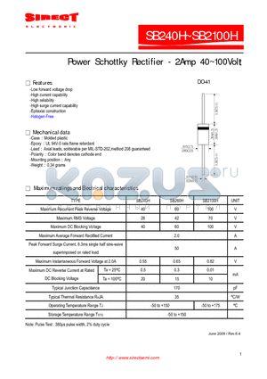 SB260H datasheet - Power Schottky Rectifier - 2Amp 40~100Volt