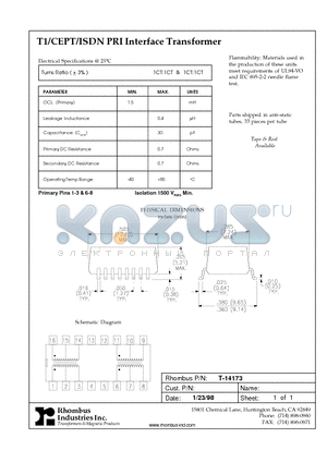 T-14173 datasheet - T1/CEPT/ISDN PRI Interface Transformer