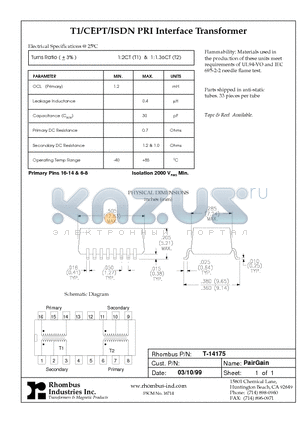 T-14175 datasheet - T1/CEPT/ISDN PRI Interface Transformer