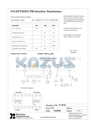 T-14178 datasheet - T1/CEPT/ISDN PRI Interface Transformer