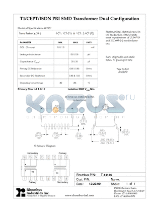 T-14186 datasheet - T1/CEPT/ISDN PRI SMD Transformer Dual Configuration