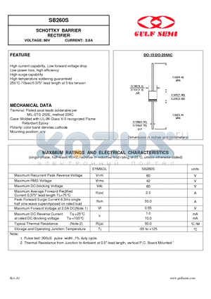 SB260S datasheet - SCHOTTKY BARRIER RECTIFIER VOLTAGE: 60V CURRENT: 2.0A