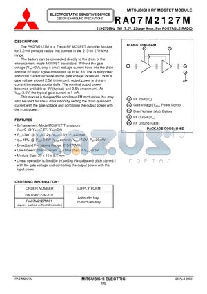 RA07M2127M datasheet - MITSUBISHI RF MOSFET MODULE