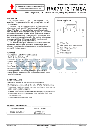 RA07M1317MSA datasheet - 135-175MHz 6.7W 7.2V, 2 Stage Amp. For PORTABLE RADIO