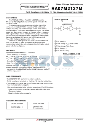 RA07M2127M datasheet - 215-270MHz 7W 7.2V, 2Stage Amp. For PORTABLE RADIO