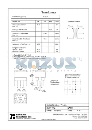 T-1423 datasheet - Transformer