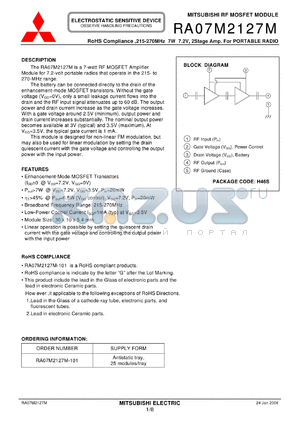 RA07M2127M-101 datasheet - RoHS Compliance ,215-270MHz 7W 7.2V, 2Stage Amp. For PORTABLE RADIO