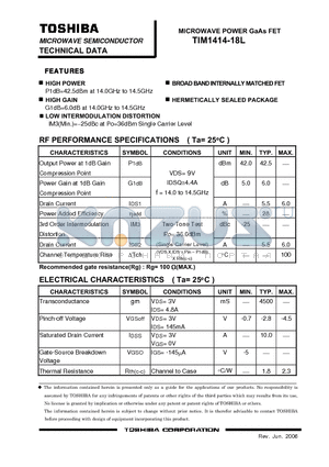 TIM1414-18L datasheet - MICROWAVE POWER GaAs FET