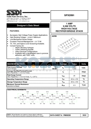 SPX2091 datasheet - 1 AMP 9,300 VOLTS HIGH VOLTAGE RECTIFIER BRIDGE STACK