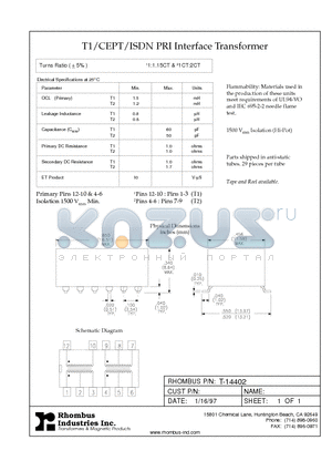 T-14402 datasheet - T1/CEPT/ISDN PRI Interface Transformer