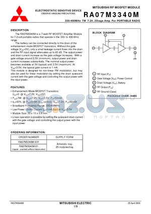 RA07M3340M-E01 datasheet - MITSUBISHI RF MOSFET MODULE