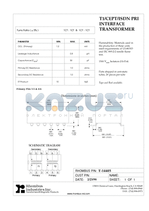 T-14405 datasheet - T1/CEPT/ISDN PRI INTERFACE TRANSFORMER