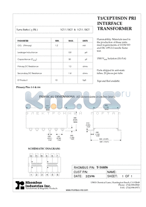 T-14406 datasheet - T1/CEPT/ISDN PRI INTERFACE TRANSFORMER