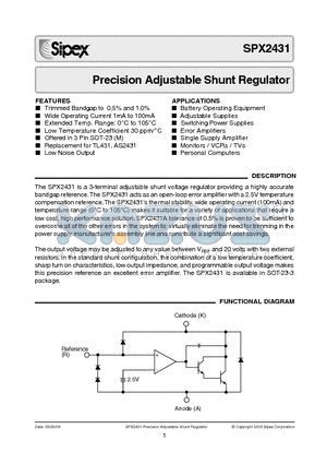 SPX2431 datasheet - Precision Adjustable Shunt Regulator