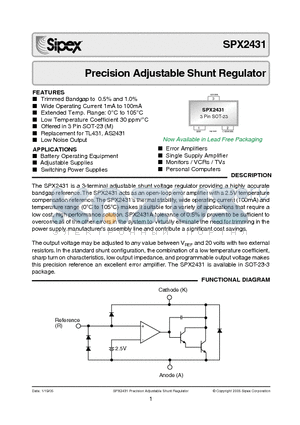 SPX2431AM datasheet - Precision Adjustable Shunt Regulator