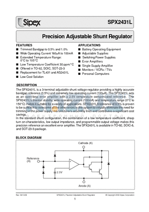 SPX2431L datasheet - Precision Adjustable Shunt Regulator