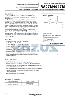 RA07M4047M-101 datasheet - RoHS Compliance , 400-470MHz 7W 7.2V, 2 Stage Amp. For PORTABLE RADIO