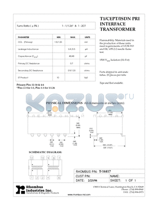 T-14417 datasheet - T1/CEPT/ISDN PRI INTERFACE TRANSFORMER
