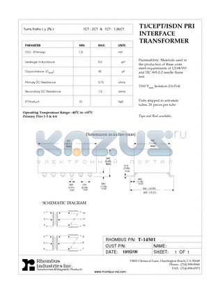 T-14501 datasheet - T1/CEPT/ISDN PRI INTERFACE TRANSFORMER