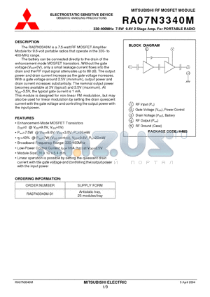 RA07N3340M datasheet - 330-400MHz 7.5W 9.6V 2 Stage Amp. For PORTABLE RADIO