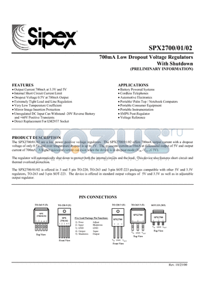 SPX2700AT5-5.0 datasheet - 700mA Low Dropout Voltage Regulators With Shutdown