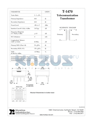 T-1470 datasheet - Telecomunication Transformer